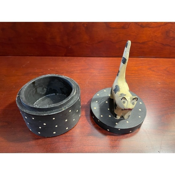 Cat Lovers Polka Dot Wooden Cat Trinket Box W/Tail Up 6.5" H x 3.5" W - Picture 7 of 8